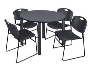 Kee 48" Round Breakroom Table - Grey/ Black & 4 Zeng Stack Chairs - Black