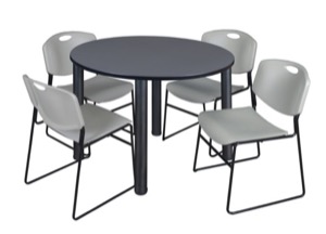 Kee 48" Round Breakroom Table - Grey/ Black & 4 Zeng Stack Chairs - Grey