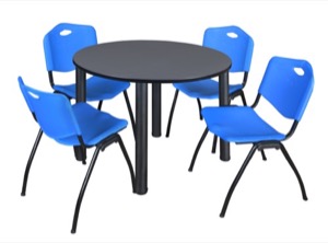 Kee 48" Round Breakroom Table - Grey/ Black & 4 'M' Stack Chairs - Blue