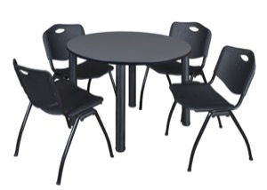 Kee 48" Round Breakroom Table - Grey/ Black & 4 'M' Stack Chairs - Black
