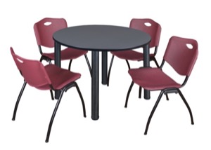 Kee 48" Round Breakroom Table - Grey/ Black & 4 'M' Stack Chairs - Burgundy