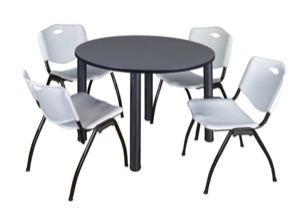 Kee 48" Round Breakroom Table - Grey/ Black & 4 'M' Stack Chairs - Grey