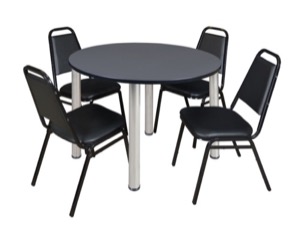 Kee 48" Round Breakroom Table - Grey/ Chrome & 4 Restaurant Stack Chairs - Black