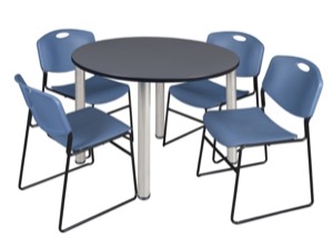 Kee 48" Round Breakroom Table - Grey/ Chrome & 4 Zeng Stack Chairs - Blue