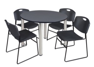 Kee 48" Round Breakroom Table - Grey/ Chrome & 4 Zeng Stack Chairs - Black