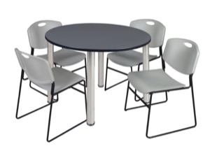 Kee 48" Round Breakroom Table - Grey/ Chrome & 4 Zeng Stack Chairs - Grey