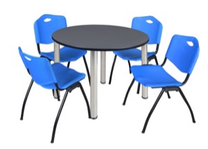 Kee 48" Round Breakroom Table - Grey/ Chrome & 4 'M' Stack Chairs - Blue