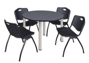 Kee 48" Round Breakroom Table - Grey/ Chrome & 4 'M' Stack Chairs - Black