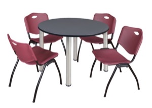 Kee 48" Round Breakroom Table - Grey/ Chrome & 4 'M' Stack Chairs - Burgundy