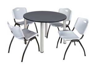 Kee 48" Round Breakroom Table - Grey/ Chrome & 4 'M' Stack Chairs - Grey