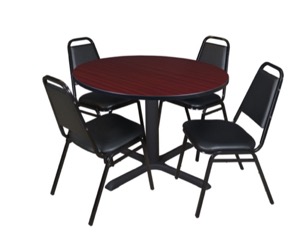Cain 48" Round Breakroom Table - Mahogany & 4 Restaurant Stack Chairs - Black