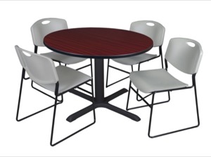 Cain 48" Round Breakroom Table - Mahogany & 4 Zeng Stack Chairs - Grey