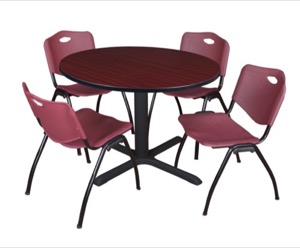 Cain 48" Round Breakroom Table - Mahogany & 4 'M' Stack Chairs - Burgundy