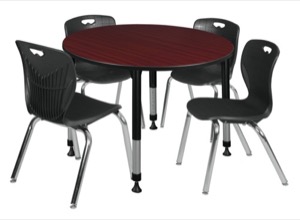Kee 48" Round Height Adjustable Classroom Table  - Mahogany & 4 Andy 18-in Stack Chairs - Black