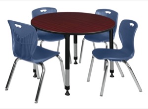 Kee 48" Round Height Adjustable Classroom Table  - Mahogany & 4 Andy 18-in Stack Chairs - Navy Blue