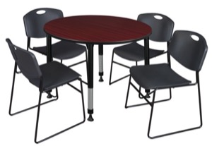 Kee 48" Round Height Adjustable Classroom Table  - Mahogany & 4 Zeng Stack Chairs - Black