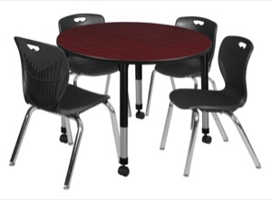 Kee 48" Round Height Adjustable Classroom Table  - Mahogany & 4 Andy 18-in Stack Chairs - Black