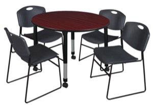 Kee 48" Round Height Adjustable Mobile Classroom Table  - Mahogany & 4 Zeng Stack Chairs - Black