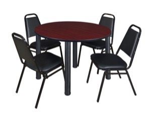 Kee 48" Round Breakroom Table - Mahogany/ Black & 4 Restaurant Stack Chairs - Black