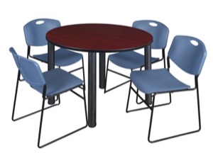 Kee 48" Round Breakroom Table - Mahogany/ Black & 4 Zeng Stack Chairs - Blue