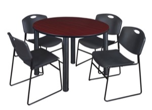 Kee 48" Round Breakroom Table - Mahogany/ Black & 4 Zeng Stack Chairs - Black