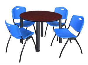 Kee 48" Round Breakroom Table - Mahogany/ Black & 4 'M' Stack Chairs - Blue
