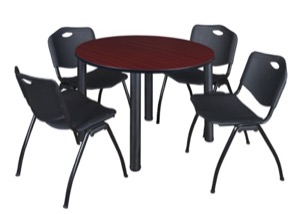 Kee 48" Round Breakroom Table - Mahogany/ Black & 4 'M' Stack Chairs - Black