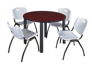 Kee 48" Round Breakroom Table - Mahogany/ Black & 4 'M' Stack Chairs - Grey