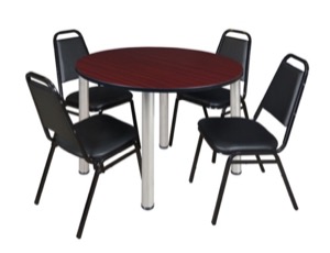 Kee 48" Round Breakroom Table - Mahogany/ Chrome & 4 Restaurant Stack Chairs - Black