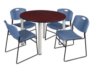Kee 48" Round Breakroom Table - Mahogany/ Chrome & 4 Zeng Stack Chairs - Blue