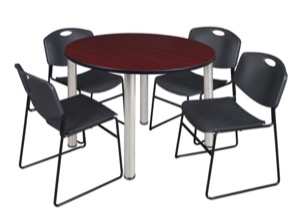 Kee 48" Round Breakroom Table - Mahogany/ Chrome & 4 Zeng Stack Chairs - Black