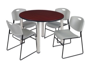 Kee 48" Round Breakroom Table - Mahogany/ Chrome & 4 Zeng Stack Chairs - Grey