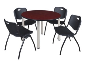 Kee 48" Round Breakroom Table - Mahogany/ Chrome & 4 'M' Stack Chairs - Black