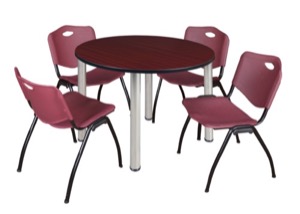 Kee 48" Round Breakroom Table - Mahogany/ Chrome & 4 'M' Stack Chairs - Burgundy