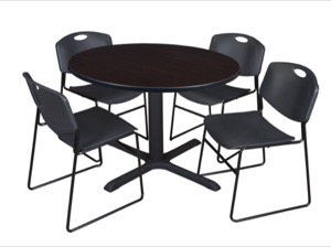 Cain 48" Round Breakroom Table - Mocha Walnut & 4 Zeng Stack Chairs - Black