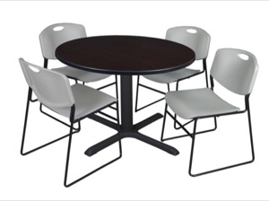 Cain 48" Round Breakroom Table - Mocha Walnut & 4 Zeng Stack Chairs - Grey