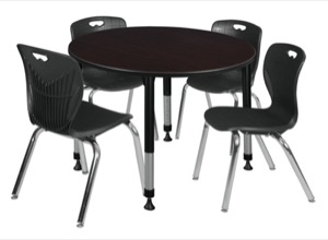 Kee 48" Round Height Adjustable Classroom Table  - Mocha Walnut & 4 Andy 18-in Stack Chairs - Black