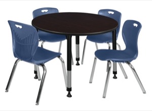 Kee 48" Round Height Adjustable Classroom Table  - Mocha Walnut & 4 Andy 18-in Stack Chairs - Navy Blue