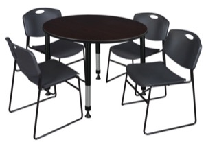 Kee 48" Round Height Adjustable Classroom Table  - Mocha Walnut & 4 Zeng Stack Chairs - Black