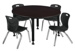 Kee 48" Round Height Adjustable Classroom Table  - Mocha Walnut & 4 Andy 12-in Stack Chairs - Black