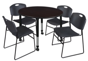 Kee 48" Round Height Adjustable Mobile Classroom Table  - Mocha Walnut & 4 Zeng Stack Chairs - Black