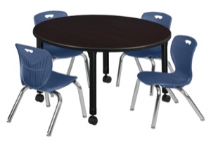 Kee 48" Round Height Adjustable Classroom Table  - Mocha Walnut & 4 Andy 12-in Stack Chairs - Navy Blue
