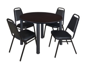 Kee 48" Round Breakroom Table - Mocha Walnut/ Black & 4 Restaurant Stack Chairs - Black