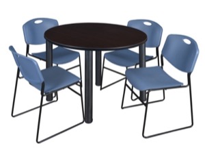 Kee 48" Round Breakroom Table - Mocha Walnut/ Black & 4 Zeng Stack Chairs - Blue