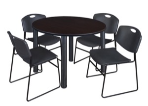 Kee 48" Round Breakroom Table - Mocha Walnut/ Black & 4 Zeng Stack Chairs - Black
