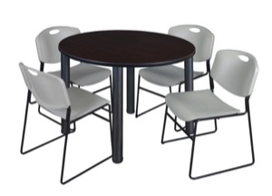Kee 48" Round Breakroom Table - Mocha Walnut/ Black & 4 Zeng Stack Chairs - Grey
