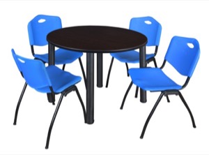 Kee 48" Round Breakroom Table - Mocha Walnut/ Black & 4 'M' Stack Chairs - Blue