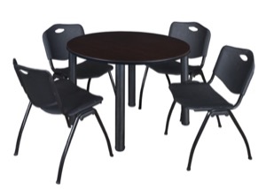 Kee 48" Round Breakroom Table - Mocha Walnut/ Black & 4 'M' Stack Chairs - Black