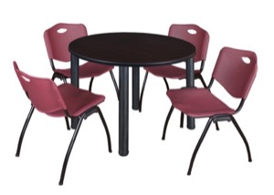 Kee 48" Round Breakroom Table - Mocha Walnut/ Black & 4 'M' Stack Chairs - Burgundy