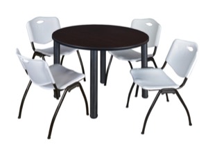 Kee 48" Round Breakroom Table - Mocha Walnut/ Black & 4 'M' Stack Chairs - Grey